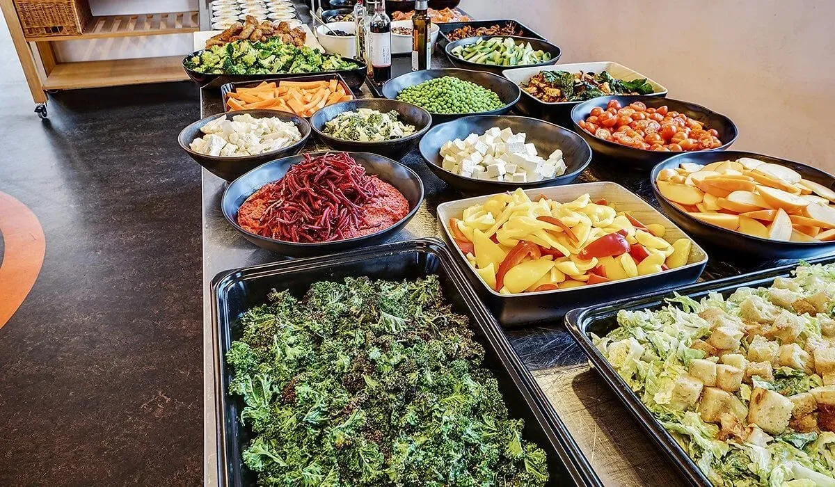 Buffet med grøntsager og salater som broccoli, tomater, gulerødder, kartofler, rødkål, kål og andre grøntsager samt dressing