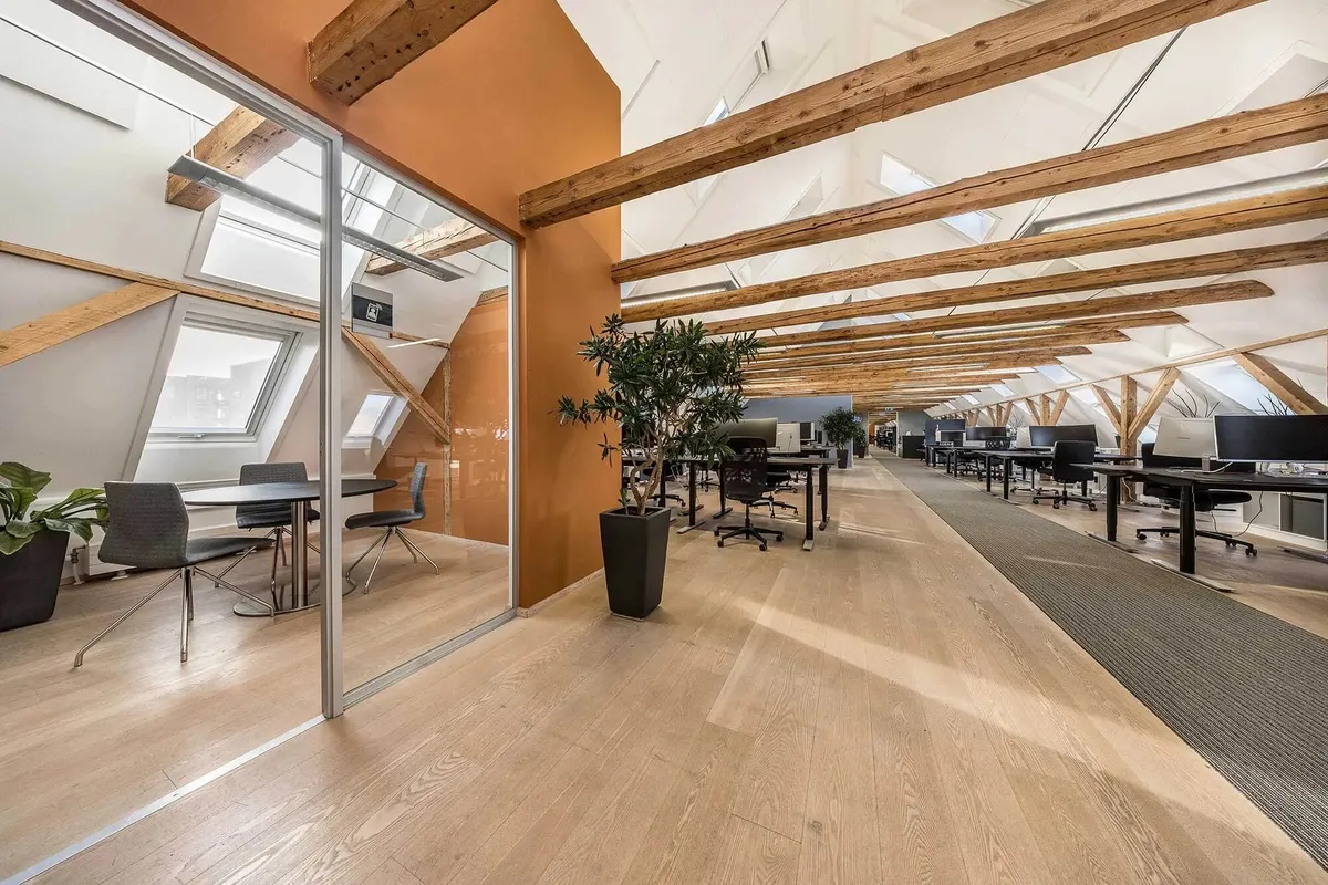 Modernt kontorlokale med åbent layout, lyse gulve og træloft. Rundt om er der skriveborde, stole og planter.