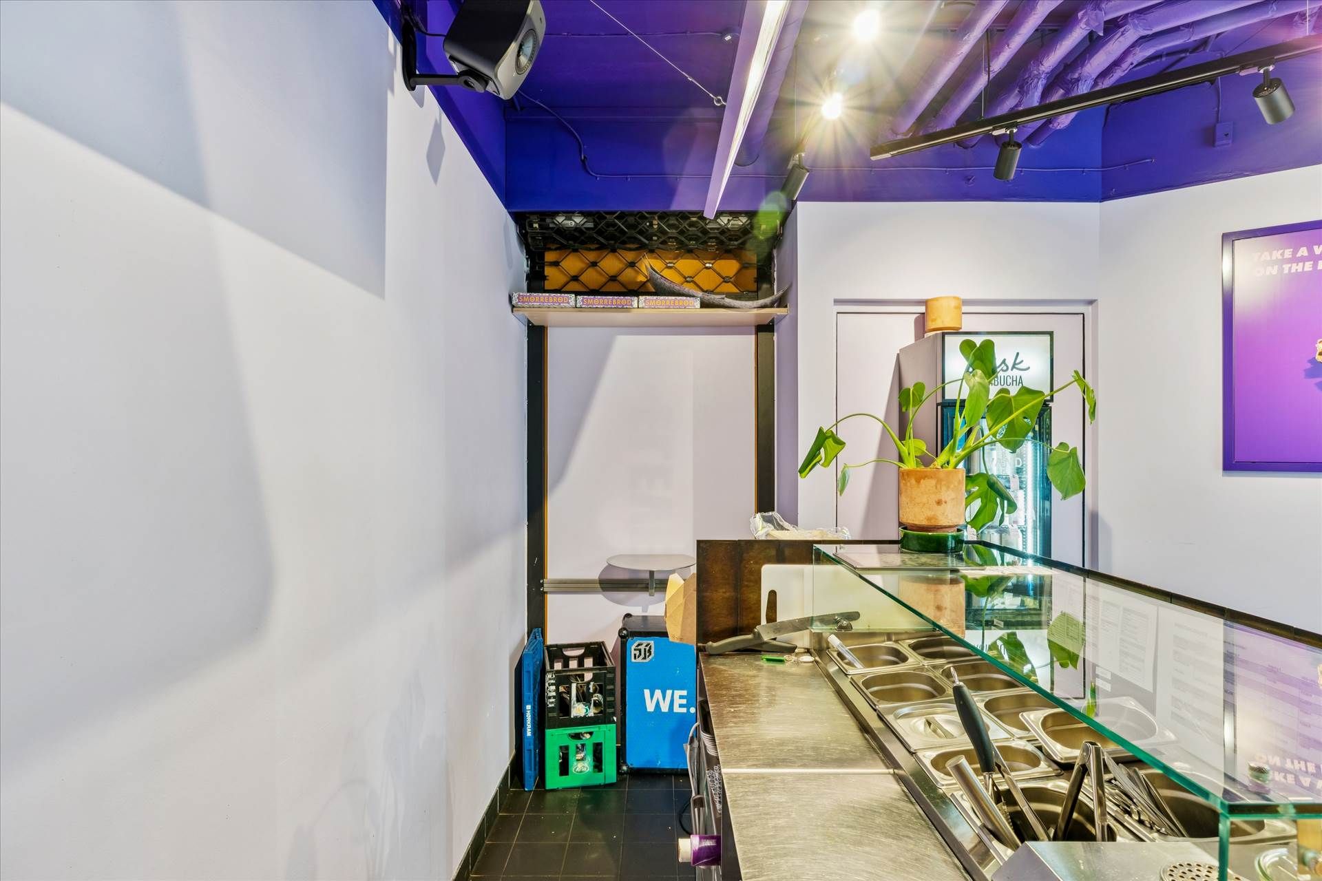 Bag en glasvæg er der et køkken med en stor metalkomfur og en plante i gryden, der reflekteres. Der er også en krukke og et