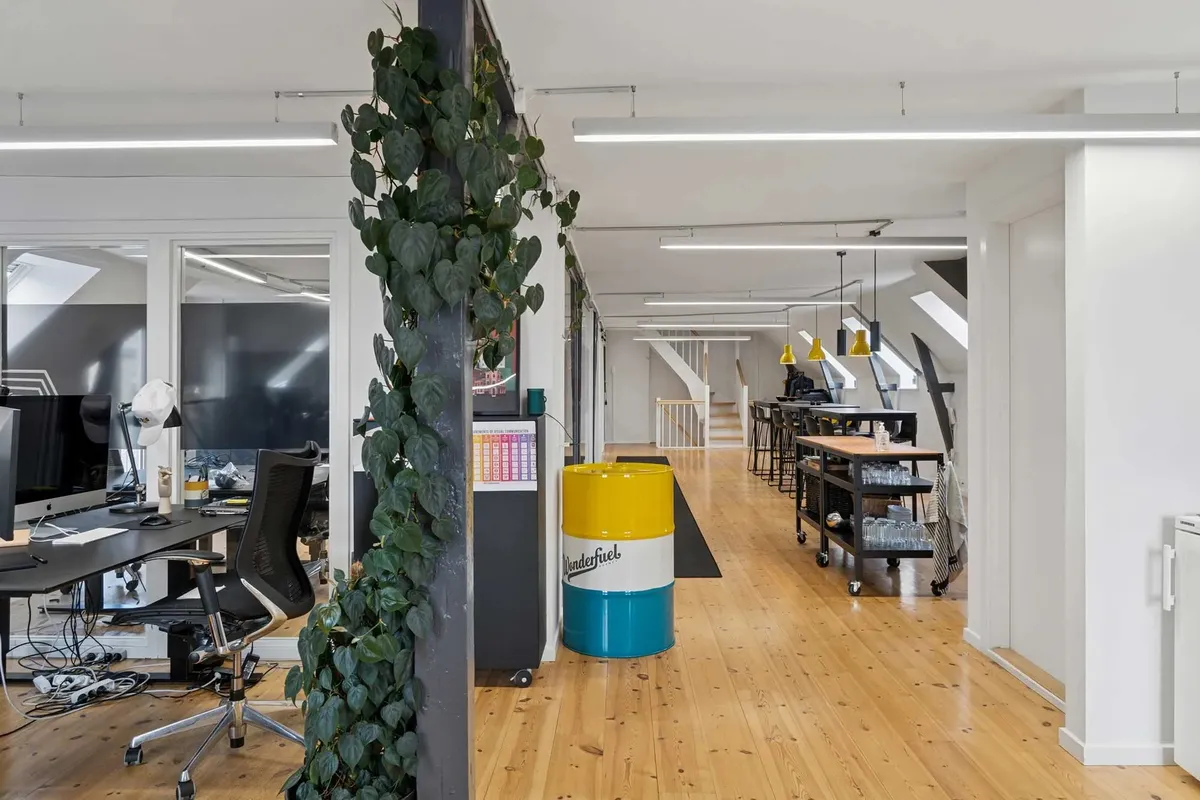 Kontor med højloft, moderne møbler og lyse loftslampe. Gulvet er lavet af træ og har en sort gulvbelægning. Der er et