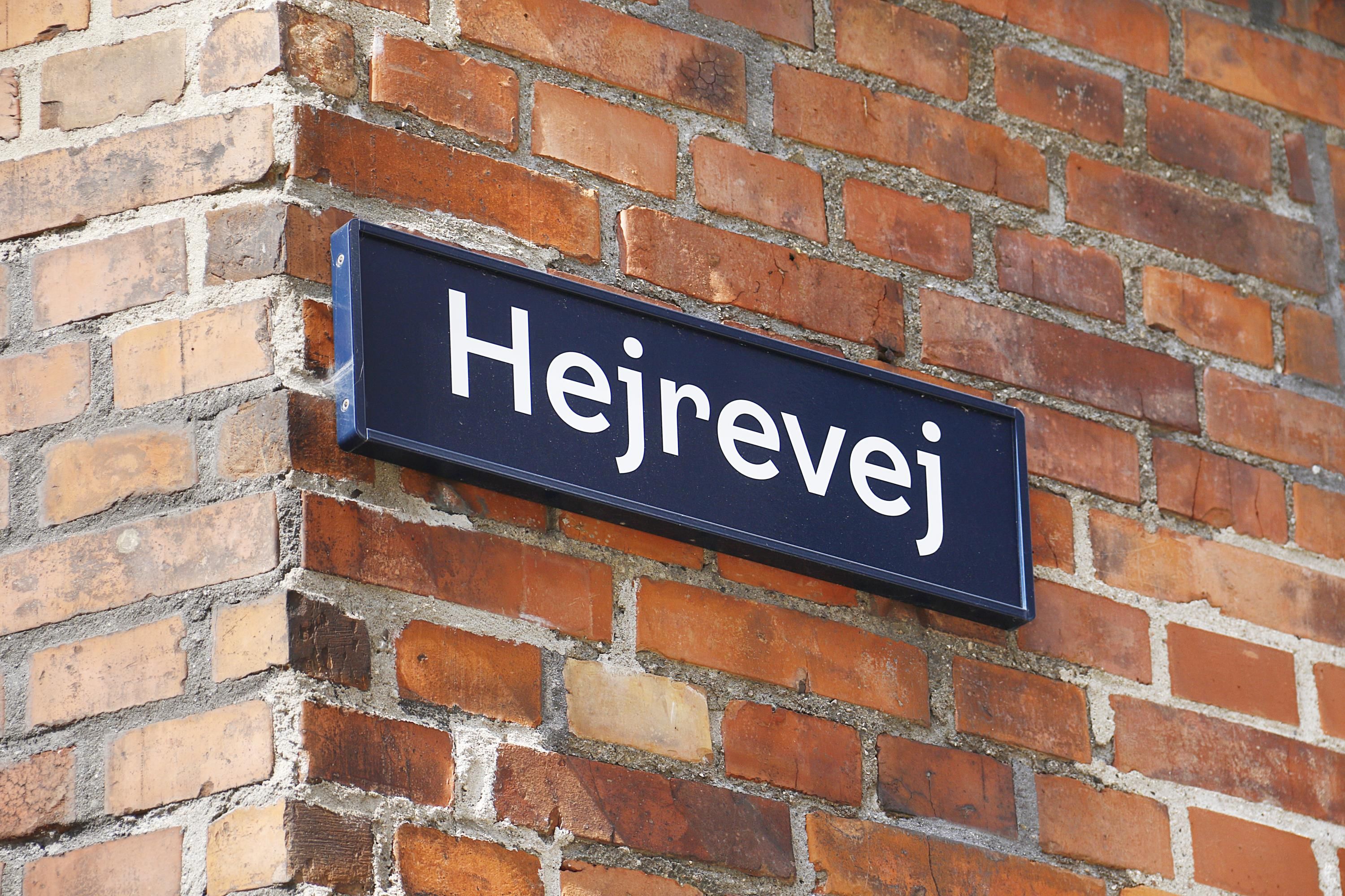 En mørkeblå skilt med hvid tekst, der læser Hejrevej, fastgjort til en mur af røde mursten. Tegn på slid og fejl på muren, mens skiltet er rent og velplejet