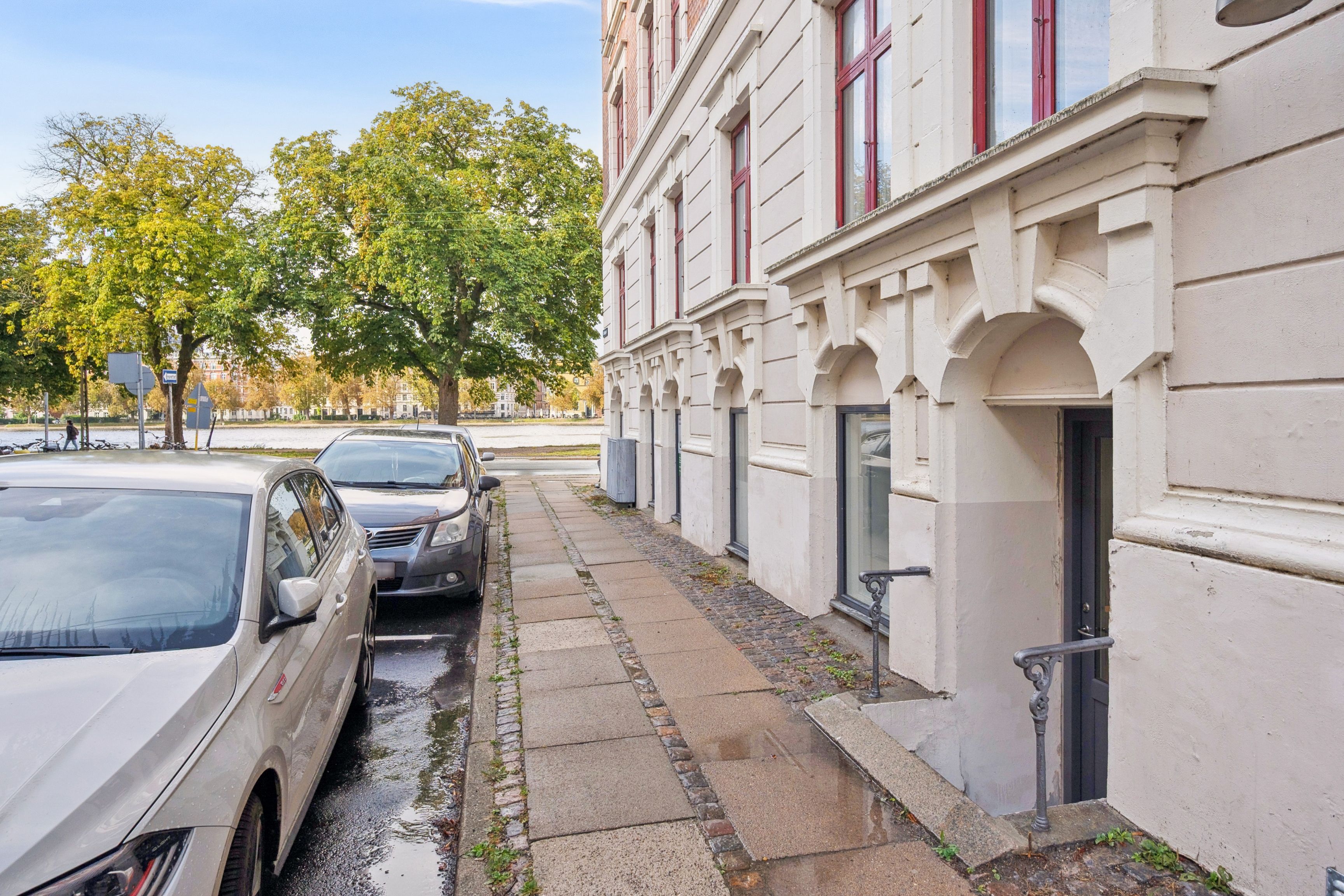 To biler parkeret på en gågade i København med et søvand i baggrunden og en stor trætop