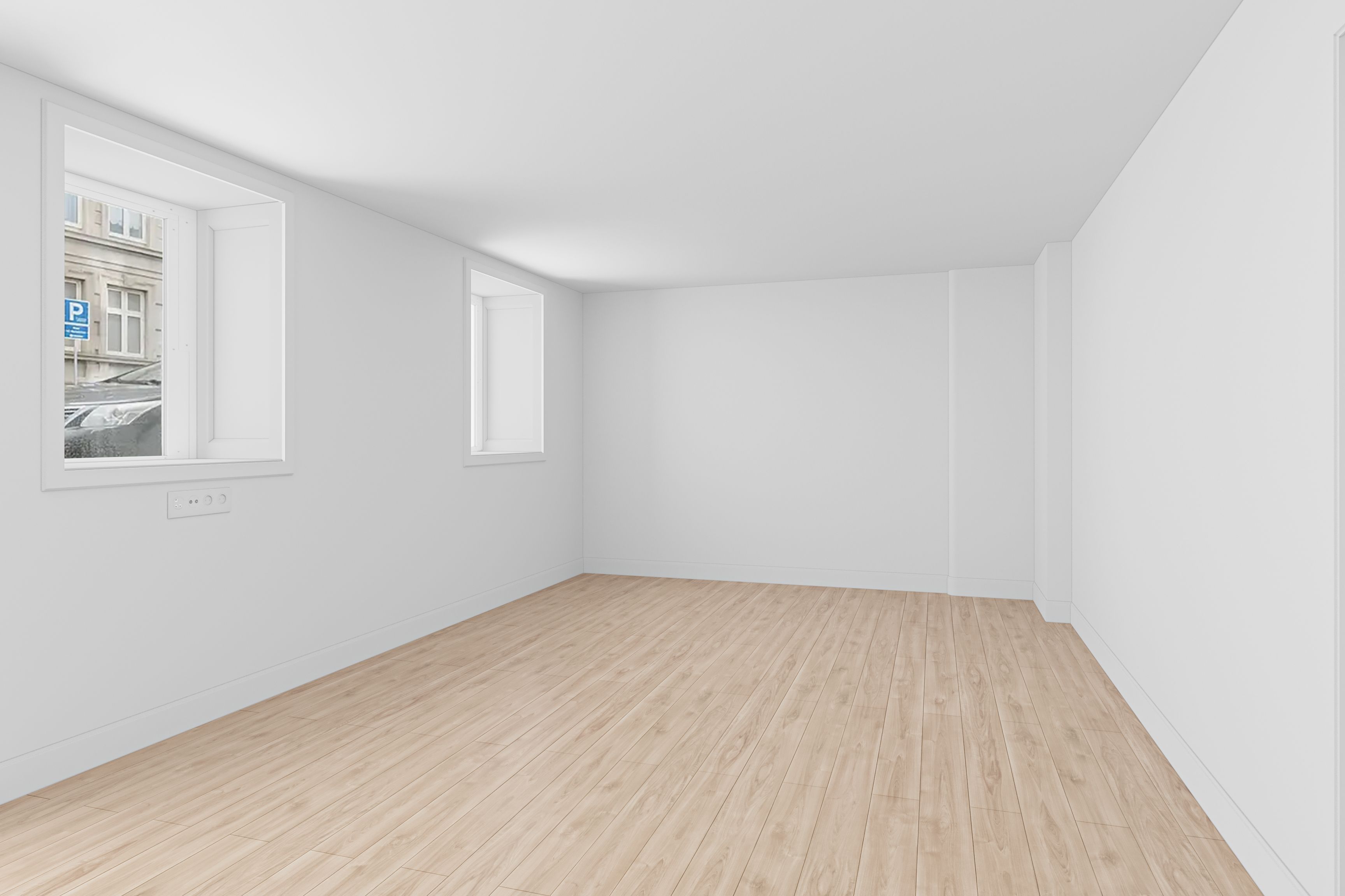 Lejlighed med højloft og lyse trægulve. To vinduer ud mod gaden. Højloftet er hvidt og gulvet er lysebrunt. Et elektriske