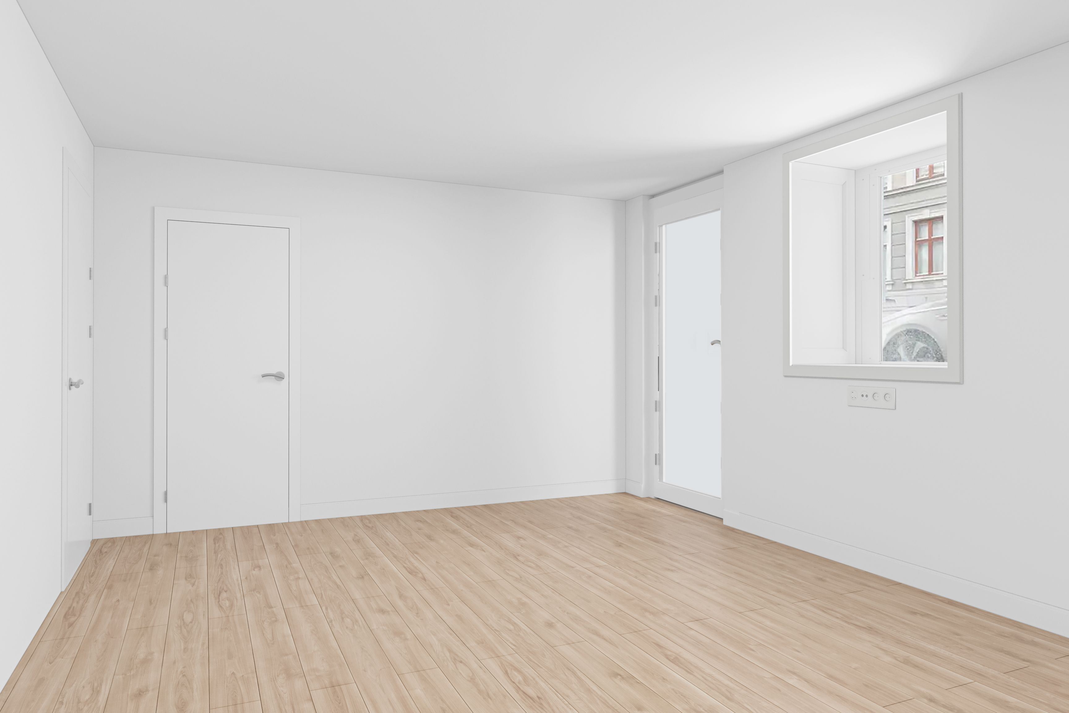 En tom rum med lyse vægge og gulv, hvor der er to hvide døre og et vindue med en ramme og udsigt til bygning med røde vinduer