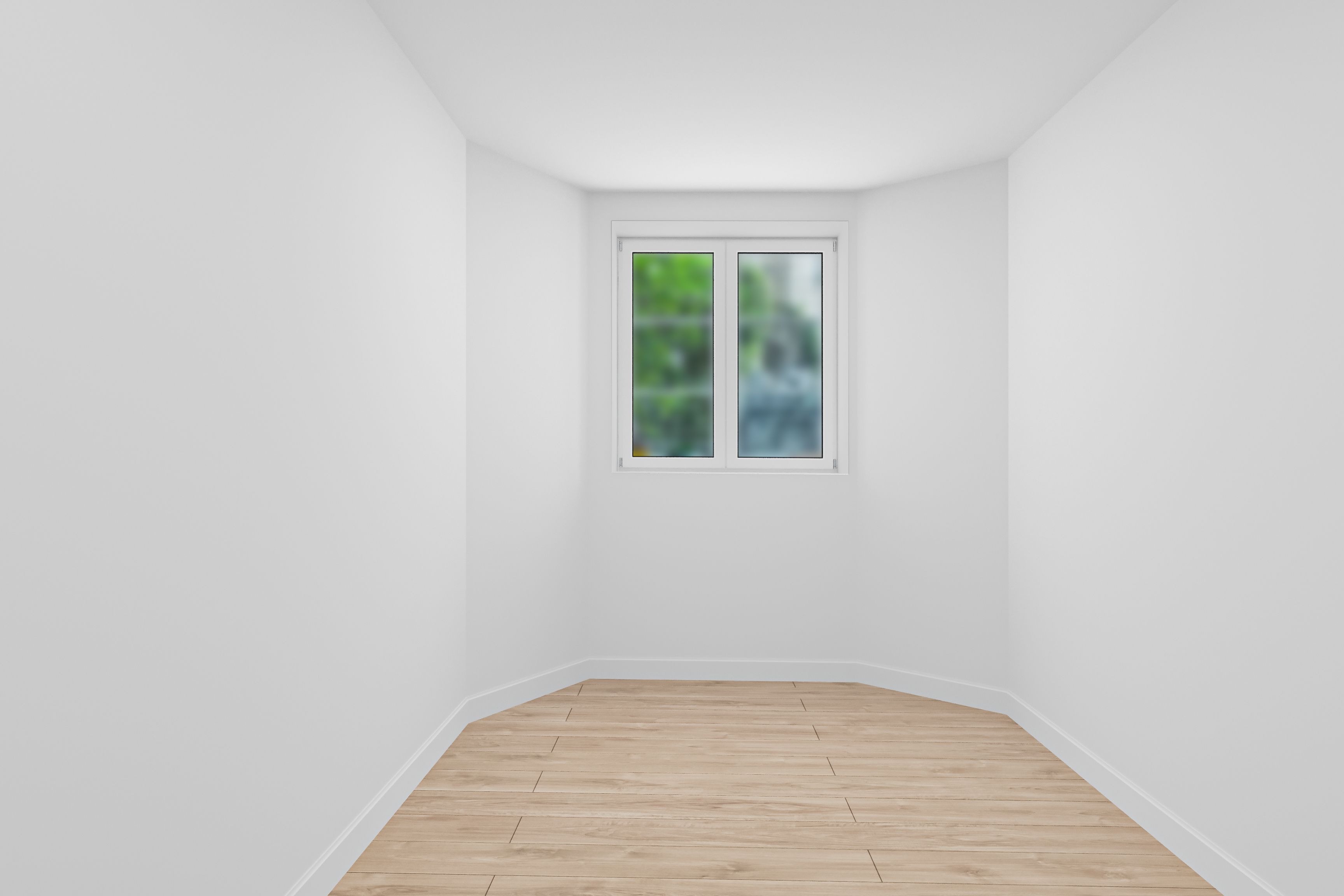 Et tomt værelse med hvide vægge og trægulv samt et vindue med en blændende udsigt udenfor.