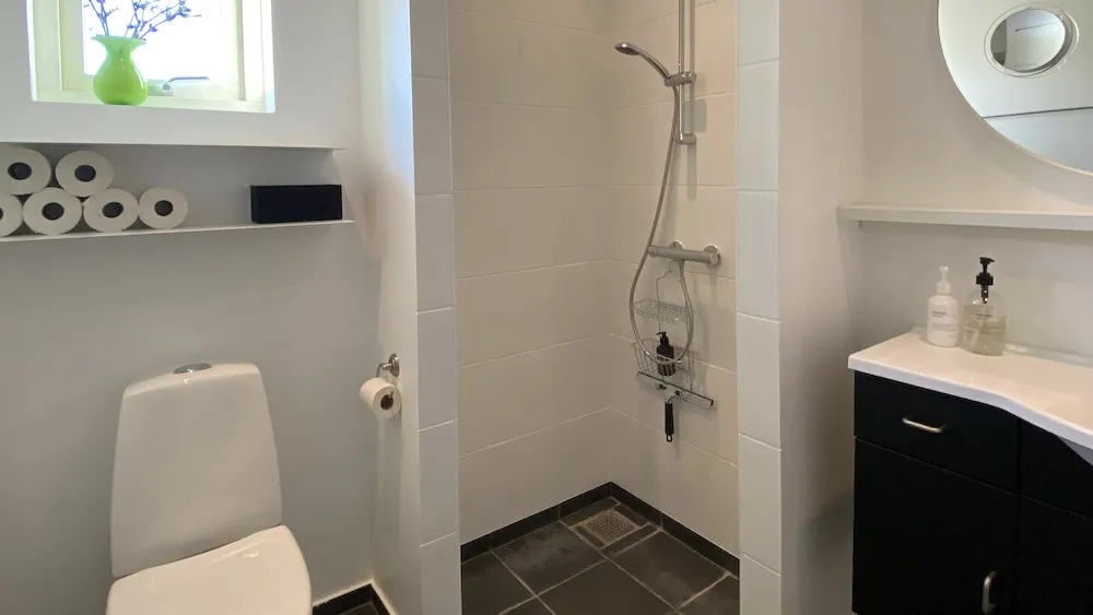 Et moderne, rent badeværelse med en hvid toilet, et hængende toiletpapir, en brusekabine og en håndvask med sæbeflasker