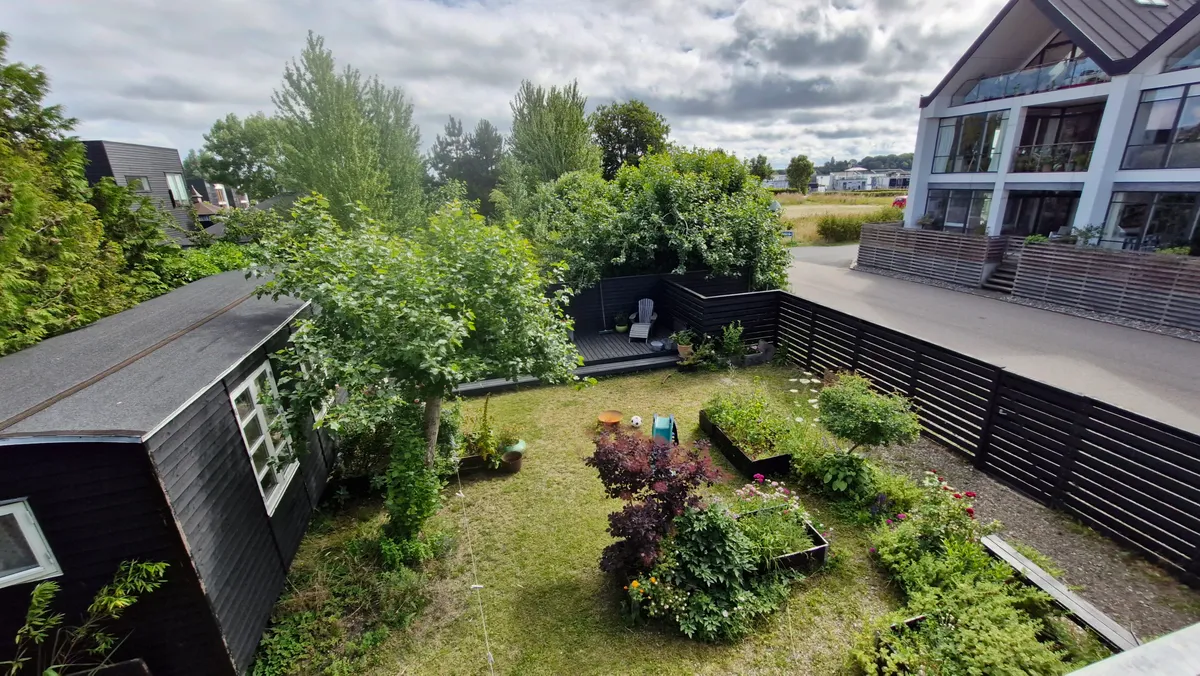 Tæt ved en vej en have med grønne planter, blomster og to børnehaver samt en havepavillon og en række huse
