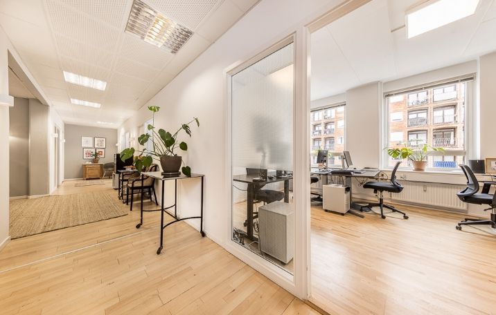 Kontorrum med lyse gulve og møbler samt en plante og to skriveborde og stole