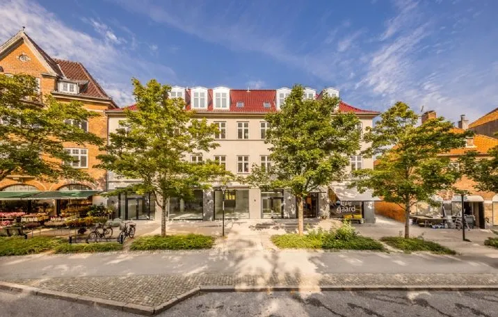 To store butikker med røde tag på krydset med grønne træer og blomsterforretning med cykler parkeret i forgrunden