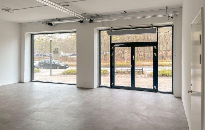 Tomt rum med lyse gulve og store vinduer til butikslejemål. Glasdøre og lysekroner i loftet. Parkeret bil udenfor og skilt